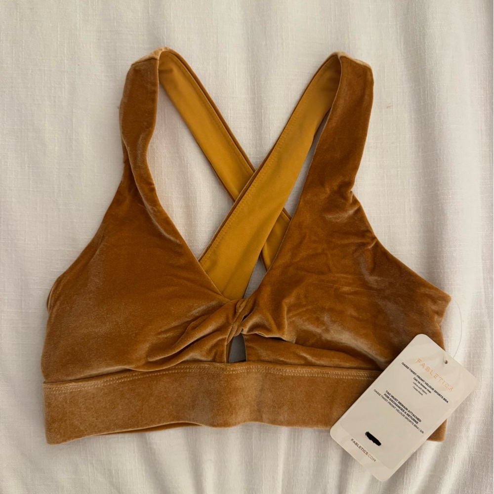 Fabletics Mustard Twist-Front Velour Sports Bra